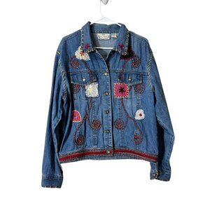 Sara Studio Y2K Jean Jacket Women XL Blue Studded Art Boho Embroidered Hippie